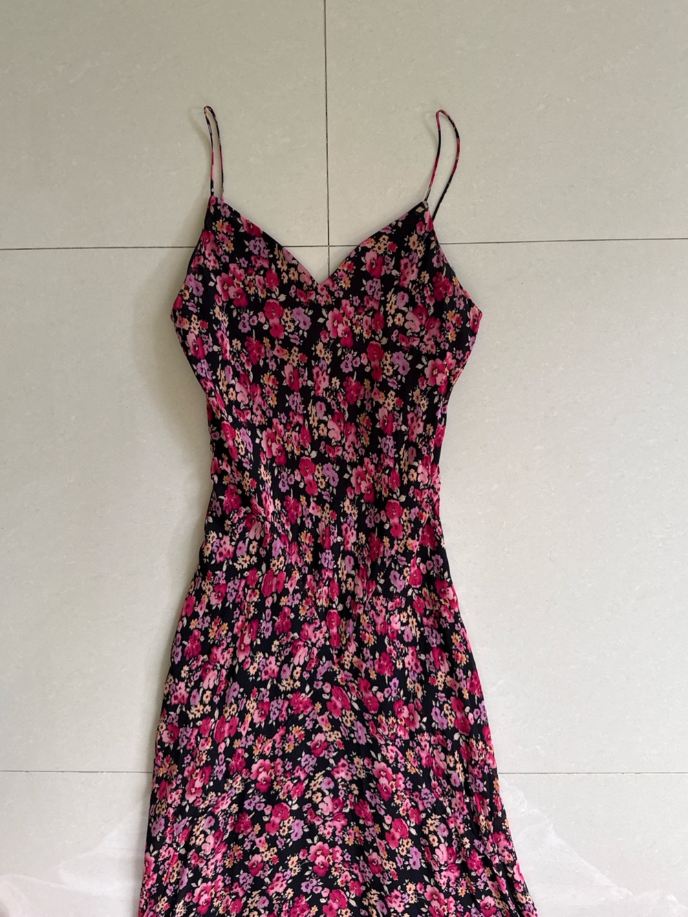 Vintage Express 100% Silk Black Slip Dress with Pink Floral Print